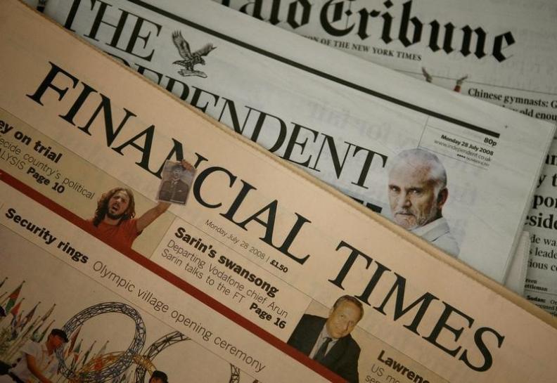 A copy of a Financial Times newspaper is displayed for sale in a newsagent in central London July 28, 2008. REUTERS/Alessia Pierdomenico