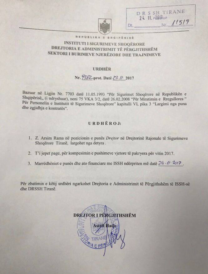 FAKSIMILE/ Tensionet PS-LSI, shkarkohet vëllai i Luan Ramës si Drejtor i Sigurimeve Shoqërore