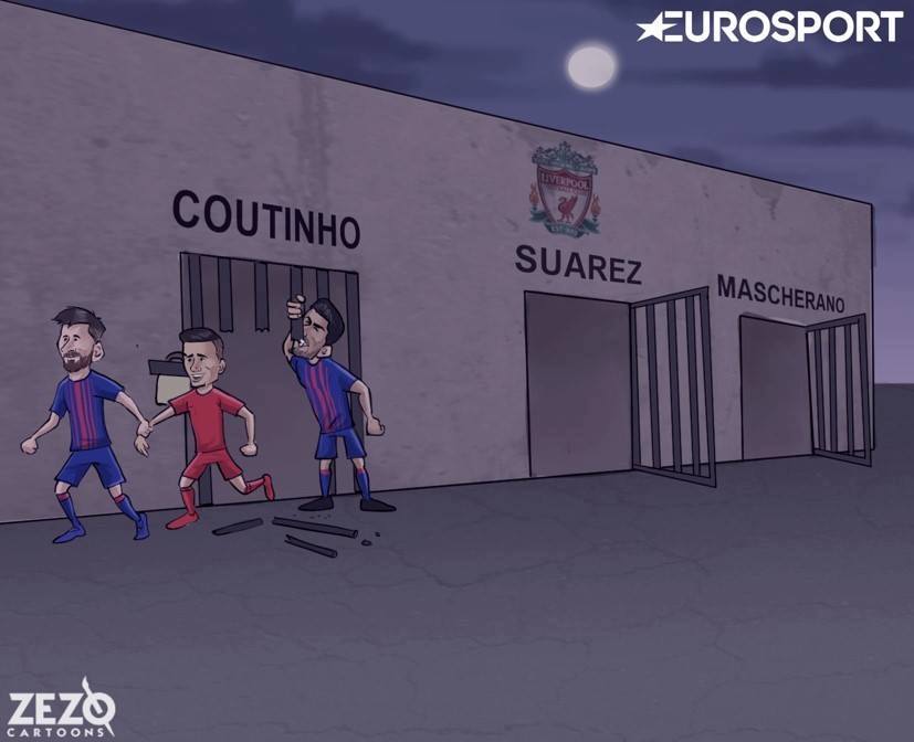 Karikatura/Messi e Suarez e lirojnë Coutinhon nga “burgu”