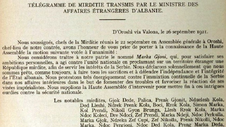 Dokumenti diplomatik/ Mirditorët kundër Marka Gjonit për Republikën e Miridtës