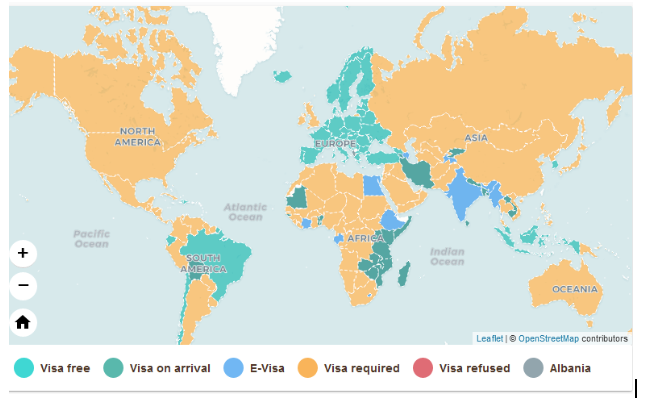 Harta/ Ja në sa shtete mund të udhëtojnë pa vizë shqiptarët