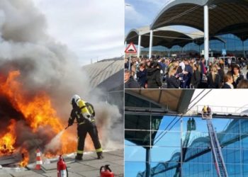 Zjarri përfshin një aeroport në Spanjë, evakuohen pasagjerët dhe anulohen disa fluturime (Video)