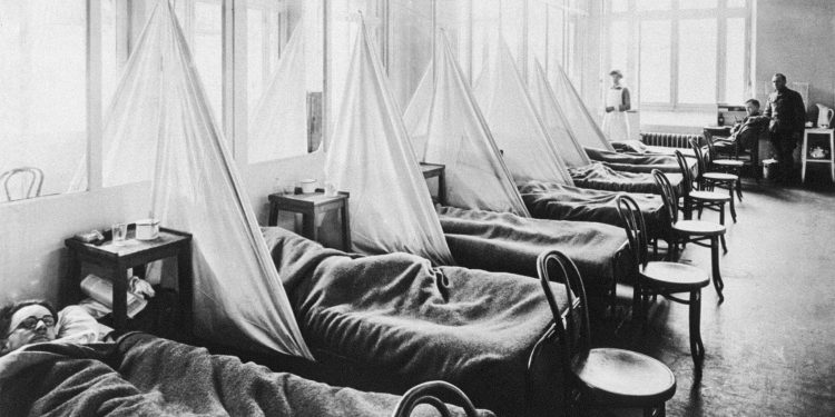 1918, France --- Patients lie in Influenza Ward No. 1 in U.S. Army Camp Hospital No. 45 in Aix-les-Baines, France, during World War I. | Location: Aix-les-Baines, France.  --- Image by Â© CORBIS