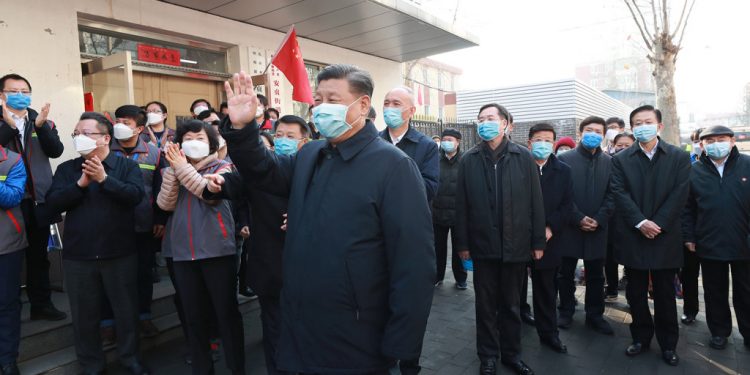 Chinese President Xi Jinping inspects prevention and control work against the new coronavirus in Beijing on Feb. 10. Pang Xinglei/Xinhua via Getty Images