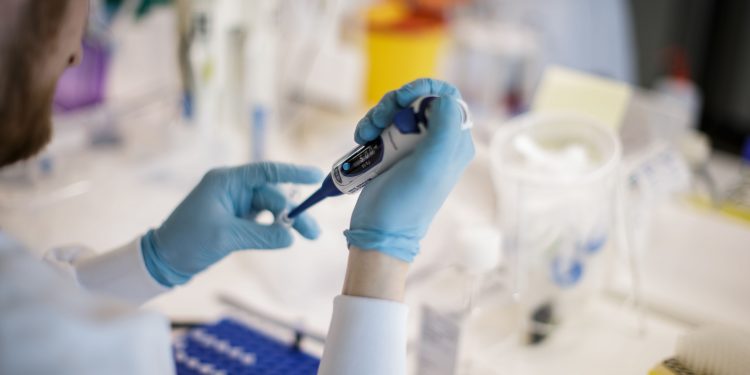 TOPSHOT - A researcher works on a vaccine against the new coronavirus COVID-19 at the Copenhagen's University research lab in Copenhagen, Denmark, on March 23, 2020. - At Copenhagen university, a team of about 10 researchers is working around the clock to develop a vaccine against Covid-19 that could apply for clinical trial before within nine months. The vaccine will be based on two components : the protein which is on the surface of the coronavirus, called the spike protein that researchers express in the lab and then attach it on the surface of a virus-like particle. (Photo by Thibault Savary / AFP) (Photo by THIBAULT SAVARY/AFP via Getty Images)