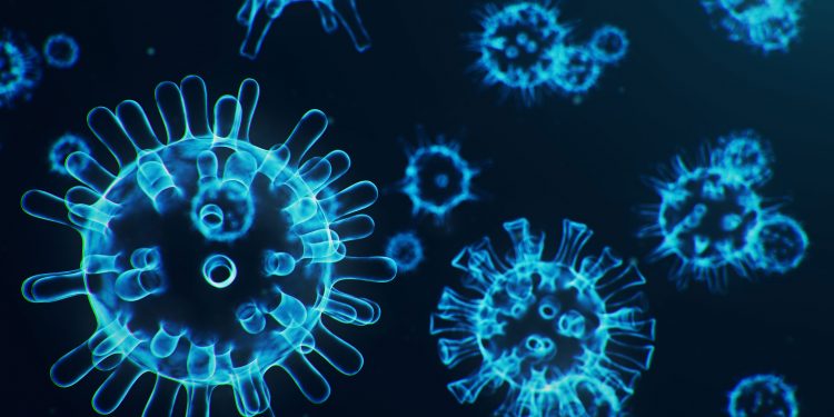 Coronavirus outbreak. Pathogen affecting the respiratory tract. COVID-19 infection. Concept of a pandemic, viral infection. Coronavirus inside a human. Viral infection causing chronic disease. 3D illustration