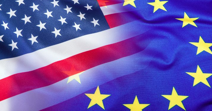 Flags of the USA and the European Union. American Flag and EU Flag. Flag inside stars. World flag concept.