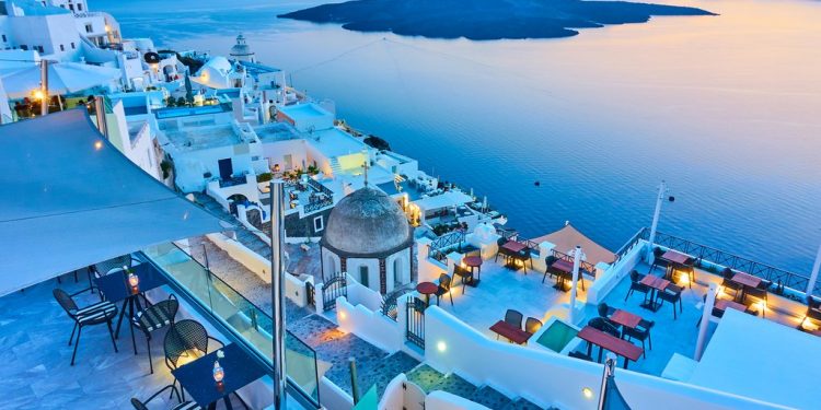 Evening in Santorini - Thira town and Aegean sea at sundown, Greece - Landscape