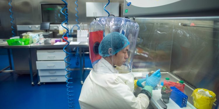 A worker is seen inside the P4 laboratory in Wuhan, capital of China's Hubei province, on February 23, 2017. - The P4 epidemiological laboratory was built in co-operation with French bio-industrial firm Institut Merieux and the Chinese Academy of Sciences. (Photo by Johannes EISELE / AFP)