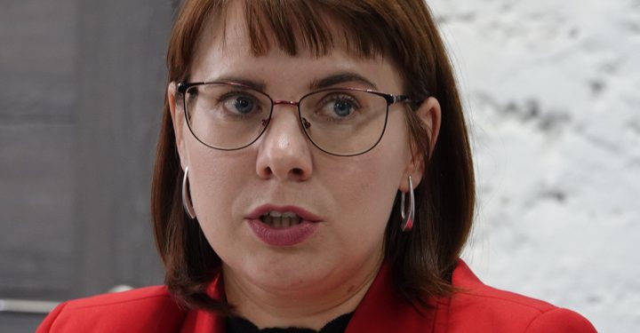 18 August 2020, Belarus, Minsk: Olga Kowalkowa, opposition politician in Belarus, speaks during an opposition press conference. Photo: Ulf Mauder/dpa