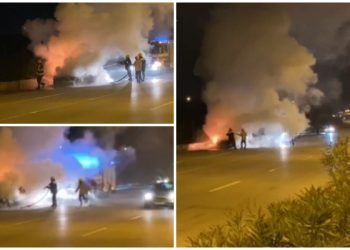 FOTO/ Përfshihet nga flakët “Benz-i” në autostradë, shpëton drejtuesja