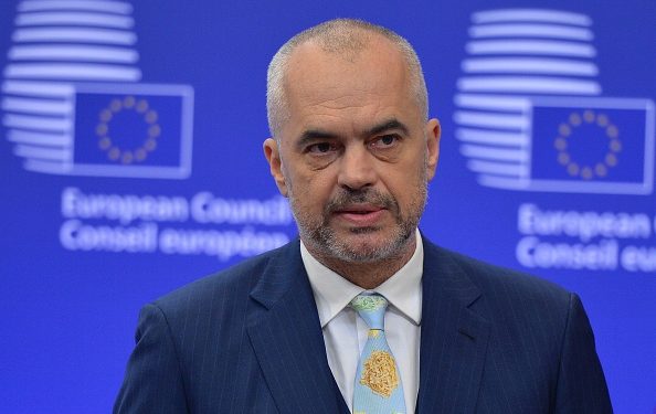 BRUSSELS, BELGIUM - FEBRUARY 19:  Albanian Prime Minister Edi Rama holds a press conference after meeting European Council President Donald Tusk at the EU Headquarters in Brussels, Belgium, on February 19, 2015. (Photo by Dursun Aydemir/Anadolu Agency/Getty Images)