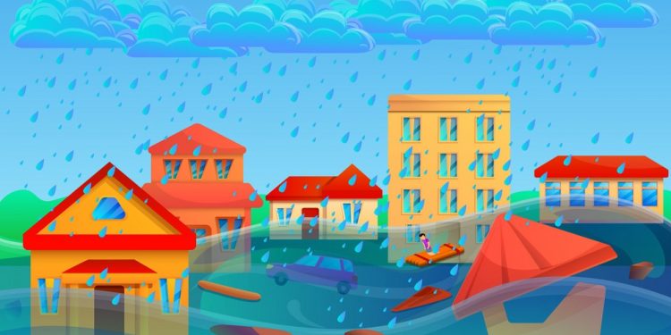 Flood cataclysm concept banner. Cartoon illustration of flood cataclysm vector concept banner for web design