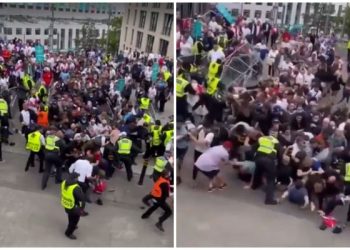 VIDEO/ Kaos në Uembli, tifozët përplasen me policinë dhe tentojnë të hyjnë në stadium pa biletë