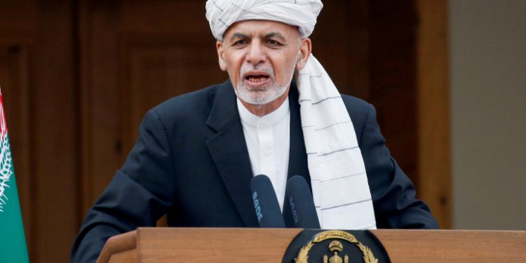 FILE PHOTO: Afghanistan's President Ashraf Ghani speaks during his inauguration as president, in Kabul, Afghanistan March 9, 2020. REUTERS/Mohammad Ismail//File Photo