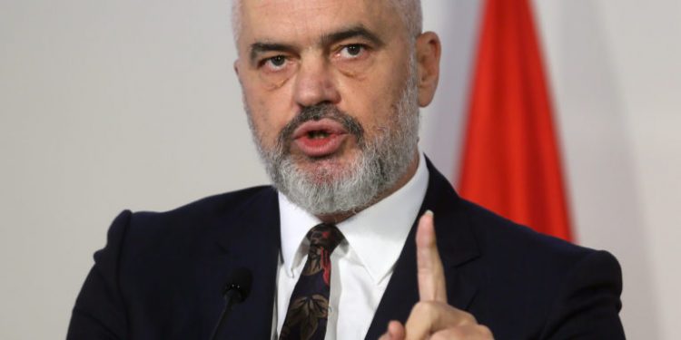 Albanian Prime Minister Edi Rama speaks during a joint press conference with Serbian President Aleksandar Vucic (unseen) and North Macedonian Prime Minister Zoran Zaev (unseen) after their meeting to discuss easing of customs barriers between their countries in Novi Sad, Serbia, on October 10, 2019. (Photo by OLIVER BUNIC / AFP) (Photo by OLIVER BUNIC/AFP via Getty Images)