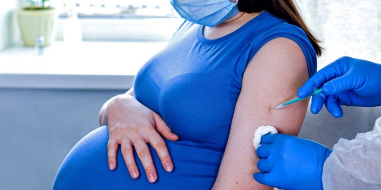 Pregnant Vaccination. Pregnant Woman In Face Mask Getting Vaccinated in Clinic. Doctor Giving Corona Virus Vaccine Injection Patient. Covid-19 Flu Protection.