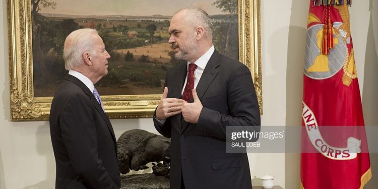 US Vice President Joe Biden speaks with Albanian Prime Minister Edi Rama following a meeting in the Roosevelt Room of the White House in Washington, DC, April 14, 2016. / AFP / SAUL LOEB        (Photo credit should read SAUL LOEB/AFP via Getty Images)