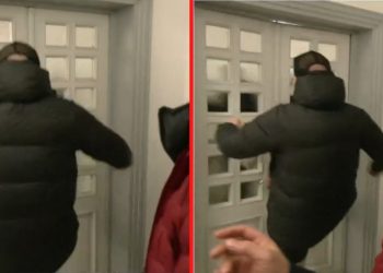 VIDEO / Mbështetësit e Berishës shkelmojnë derën e sallës në PD, hiqet baneri i Bashës “Zgjedhim të Ardhmen”