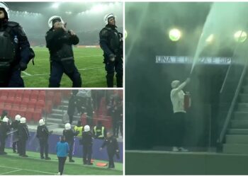 (VIDEO) UEFA teston/ Përplasje në Tirana-Vllaznia te “Air Albania”, tifozët hapin fikëset e zjarrit dhe thyejnë stola.