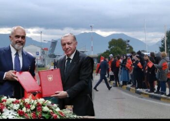 FOTO/ Dhjetra të rinj në Rinas, presin me flamurin turk në duar Presidentin Erdogan