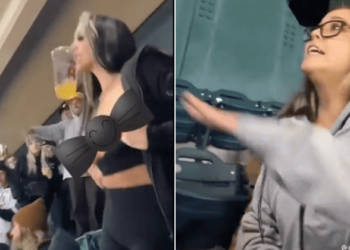 VIDEO/ Modelja tregon gjoksin, plas sherri për të në tribunë gjatë ndeshjes