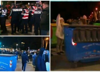 FOTOT/ Tensione me policinë, protestuesit bllokojnë rrugën me kazanët e plehrave në Tiranë