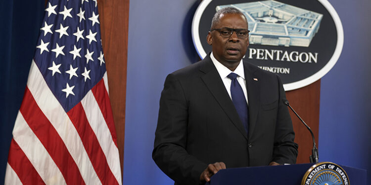 ARLINGTON, VIRGINIA - AUGUST 18: U.S. Secretary of Defense Lloyd Austin speaks during a news briefing at the Pentagon August 18, 2021 in Arlington, Virginia. Secretary Austin and Chairman of the Joint Chiefs of Staff Army General Mark Milley held a news briefing to discuss the current situation in Afghanistan after the Taliban took control of the country. (Photo by Alex Wong/Getty Images)