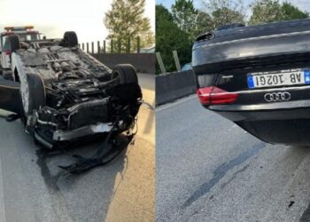 FOTO/ Ditë aksidentesh, “Audi A8L” përmbyset në autostradën Tiranë-Durrës