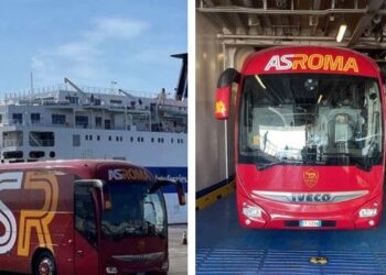 FOTO/ Finalja e Conference League. Mbërrin në Portin e Durrësit autobusi zyrtar i Romës