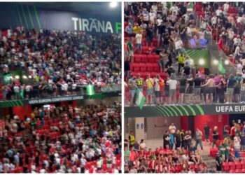 FOTO/ Momente tensioni në shkallët e stadiumit, tifozi i Romës futet në tribunën e holandezëve. Policia shmang përplasjen