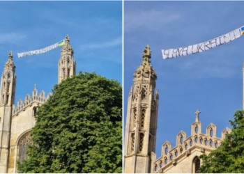 “Lavdi Ukrainës”/ Vendoset banderola në universitetin e Kembrixhit