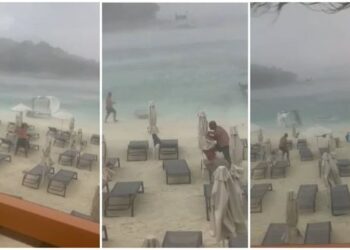 FOTO/ “Fluturojnë” çadrat e shezlongët në Ksamil! Stuhi e fuqishme ere e reshje shiu në plazh, njerëzit vrapojnë të kapin…!