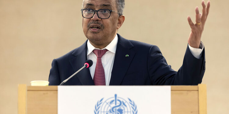 FILE - Tedros Adhanom Ghebreyesus, Director General of the World Health Organization (WHO) delivers his speech after his reelection, during the 75th World Health Assembly at the European headquarters of the United Nations in Geneva, Switzerland, on May 24, 2022. The World Health Organization chief is advising men at risk of catching monkeypox to consider reducing their sexual partners “for the moment,” days after the U.N. health agency declared the escalating outbreak to be a global emergency. At a press briefing on Wednesday, WHO Director-General Tedros Adhanom Ghebreyesus said 98 percent of monkeypox cases detected so far have been among men who are gay, bisexual or have sex with other men.  (Salvatore Di Nolfi/Keystone via AP, File)