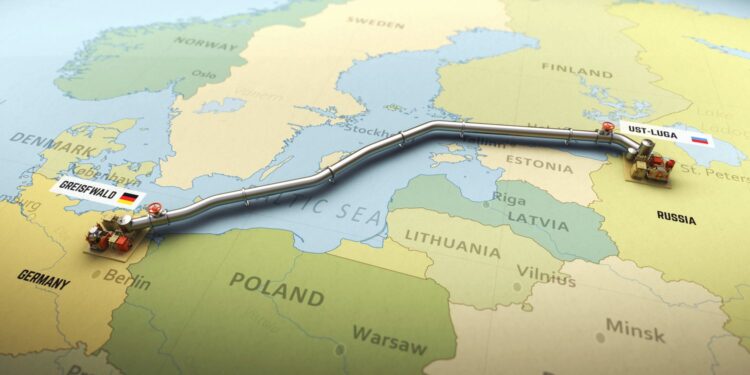 3D Render of Nord Stream 2 gas pipeline emerging on map of Europe connecting Russia and Germany through Baltic Sea