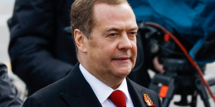 Deputy Chairman of Russia's Security Council Dmitry Medvedev attends a military parade on Victory Day, which marks the 77th anniversary of the victory over Nazi Germany in World War Two, in Red Square in central Moscow, Russia May 9, 2022. REUTERS/Maxim Shemetov