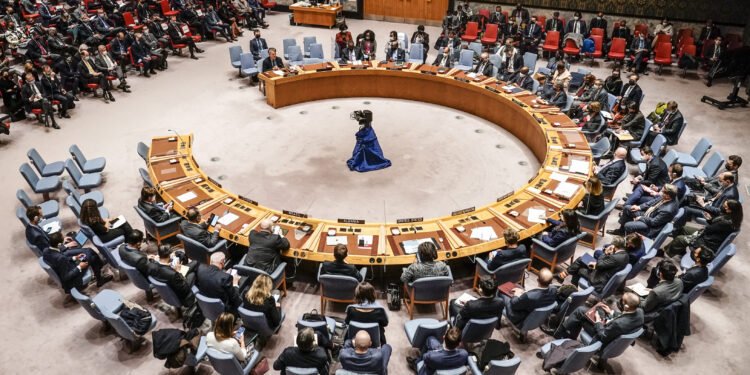 The United Nations Security Council meet on the Russian invasion of Ukraine, Friday Feb. 25, 2022 at U.N. headquarters. (AP Photo/John Minchillo)