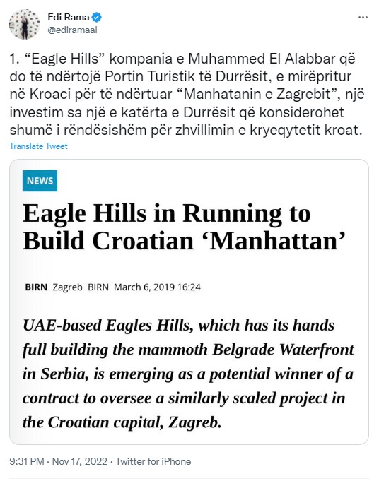 kryesore Rama, tjetër reagim për portin: Alabbar do të ndërtojë “Manhatanin e Zagrebit”, investim sa 1/4 e Durrësit