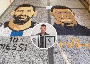 Artisti kosovar i rekordeve “Guinness” realizon mozaikun e rrallë të Messit dhe Mbappes me drithëra