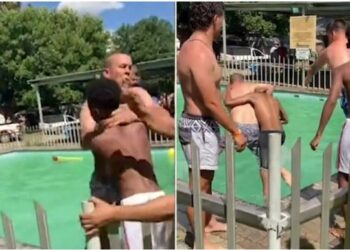 VIDEO/ Burrat kapin nga fyti dhe mbajnë në ujë dy djem, nuk i lejuan të futen në pishinë me ta