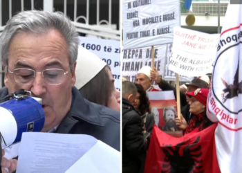 Tensionet në Kosovë / Protestë me flamuj kuqezi përpara ambasadës serbe në Tiranë