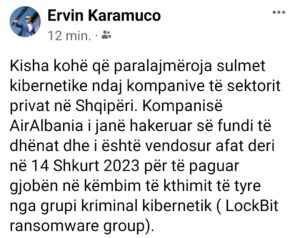 Eksperti i kriminalistikës: Hakerat kanë sulmuar të dhënat e kompanisë “Air Albania”, kërkojnë pagimin e gjobës deri më 14 shkurt