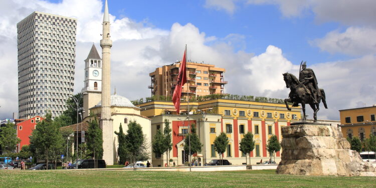 View of the central square with the monument of Skanderbeg in the Albanian capital Tirana