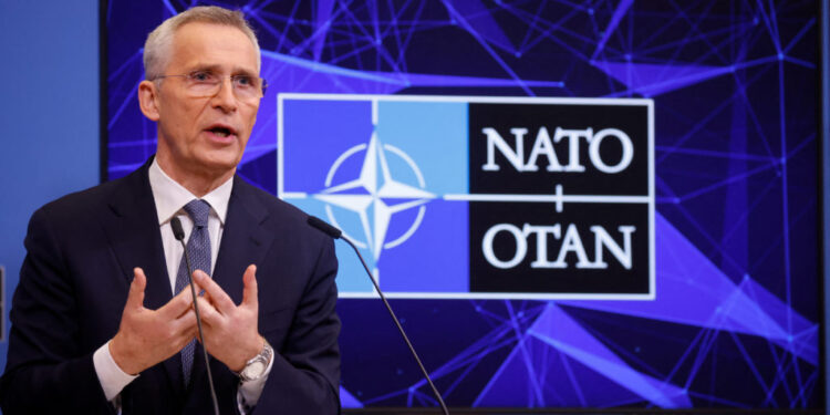 NATO Secretary-General Jens Stoltenberg attends a news conference before a meeting of NATO foreign ministers in Brussels, Belgium April 3, 2023. REUTERS/Johanna Geron