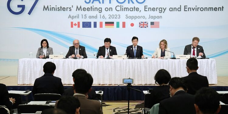 SAPPORO, Japan: Japan's Minister of the Environment Akihiro Nishimura (third left) and Japan's Minister of Economy, Trade and Industry Yasutoshi Nishimura (third right) attend the G7 Ministers' Meeting on Climate, Energy and Environment in Sapporo, Hokkaido prefecture on April 16, 2023. - AFP