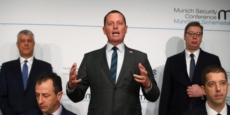 FILE PHOTO: U.S. ambassador to Germany Richard Grenell, Kosovo's President Hashim Thaci and Serbia's President Aleksandar Vucic attend the Munich Security Conference in Munich, Germany, February 14, 2020. REUTERS/Michael Dalder/File Photo