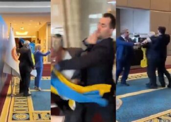 VIDEO/ Grushte në Asamblenë ndërkombëtare në Ankara: I rrëmbeu flamurin, deputeti ukrainas godet në fytyrë përfaqësuesin rus