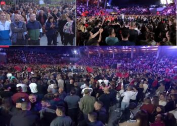 FOTOT/ Mitingu i PS në Tiranë, mijëra qytetarë tejmbushin Parkun Olimpik, detyrohen ta ndjekin edhe jashtë godine