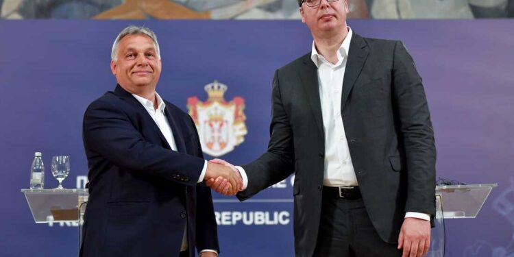 Serbian President Aleksandar Vucic (R) shakes hands with Hungarian Prime Minister Viktor Orban after a joint press conference in Belgrade on May 15, 2020. (Photo by Andrej ISAKOVIC / AFP) (Photo by ANDREJ ISAKOVIC/AFP via Getty Images)