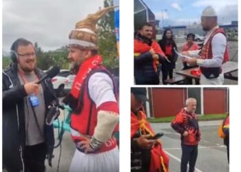 VIDEO/ Me veshje popullore e përkrenaren e Skënderbeut në kokë, tifozët shqiptarë pushtojnë edhe Ishujt Faroe